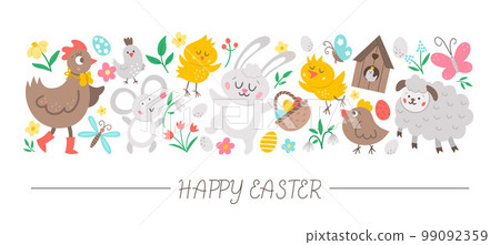 Vector horizontal set with flat Easter day characters and elements. Card template design with bunny, egg, funny animals, birds, flowers. Cute Spring holiday border. 99092359