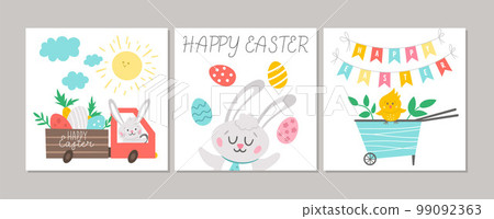 Cute set of square Easter cards with Bunny, colored eggs, cute wheel barrow with chick. Vector spring print design templates. Religious holiday seasonal banner or poster templates. 99092363