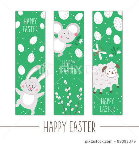 Set of Easter bookmarks or greeting card templates. Vertical Spring holiday posters or invitations. Bright green frame illustration with traditional symbols and cute animals. Happy Easter design 99092379