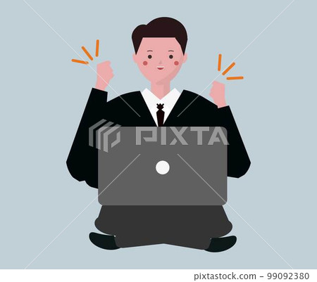 使用電腦時面帶微笑的商人。膽量構成，互聯網業務。矢量圖 99092380