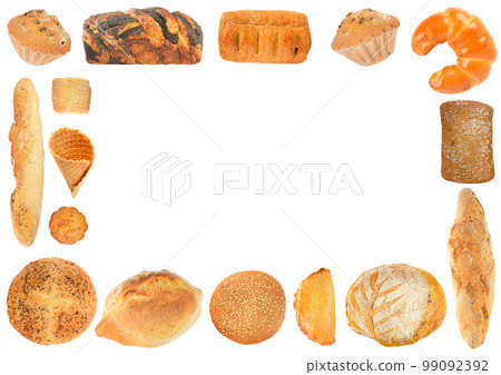 Set sweet bread products in form of frame isolated on white 99092392