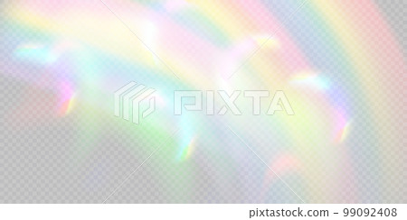 Rainbow light prism effect, transparent background. Hologram reflection, crystal flare leak shadow overlay. Vector illustration of abstract blurred iridescent light backdrop. 99092408