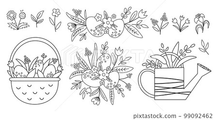Vector black and white cute garden and Easter icons pack or coloring page. Outline wheel barrow, watering can, eggs, flowers and plants. Spring gardening tool illustration for kids. 99092462
