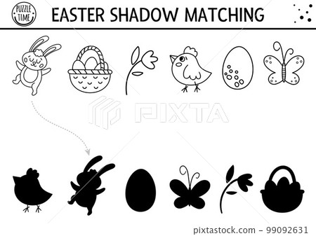Easter black and white shadow matching activity for children. Outline spring puzzle with cute holiday symbols. Educational game for kids with eggs, basket, bunny. Find the correct silhouette Easter black and white shadow matching activity for children. Outline spring puzzle with cute holiday symbols. Educational game for kids with eggs, basket, bunny. Find the correct silhouette 99092631