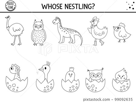 Easter black and white matching activity for children with birds and eggs. Fun outline spring puzzle with hatching nestlings and their moms. Holiday game, printable worksheet or coloring page for 99092635