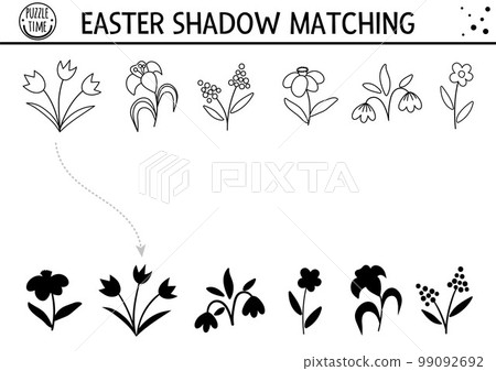 Easter black and white shadow matching activity for children. Outline spring puzzle with cute first flowers. Holiday celebration educational game for kids. Find the correct silhouette. Easter black and white shadow matching activity for children. Outline spring puzzle with cute first flowers. Holiday celebration educational game for kids. Find the correct silhouette. 99092692
