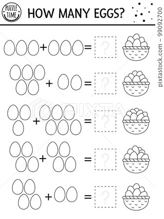 Easter black and white counting game with colored eggs and basket. Holiday activity for preschool children. Spring printable math worksheet. Addition puzzle or coloring page for kids 99092700