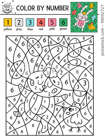 Vector Easter color by number activity with bunny, bird, eggs. Spring holiday coloring and counting game with cute animals. Funny coloration page for kids with traditional symbols. Vector Easter color by number activity with bunny, bird, eggs. Spring holiday coloring and counting game with cute animals. Funny coloration page for kids with traditional symbols. 99092727