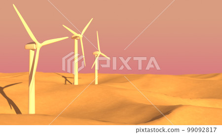 黃昏時站在沙漠中的風力發電廠的 3D 插圖 99092817