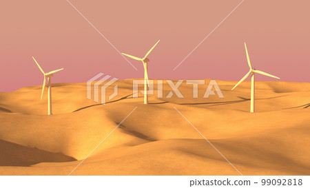 黃昏時站在沙漠中的風力發電廠的 3D 插圖 99092818