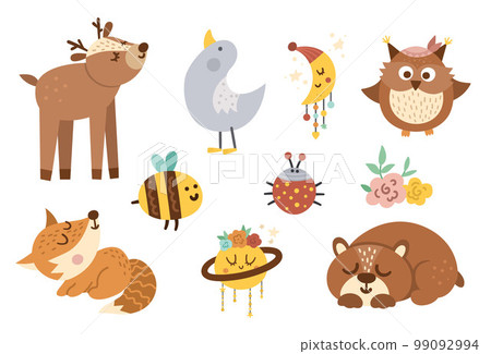Vector woodland baby animals, insects and birds collection. Boho forest set. Bohemian little fox, owl, bear, deer, ladybug, goose with flowers, planet, half moon. Celestial pack with cute characters. 99092994