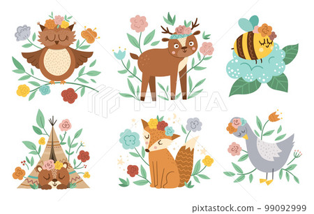 Vector woodland animals, insects and birds collection. Boho forest floral compositions. Bohemian fox, owl, bear, deer, goose with flowers on heads. Celestial clip art with cute characters for cards. 99092999