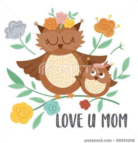 Vector Mothers Day card with cute boho animal. Pre-made design with woodland baby bird with mother. Bohemian style poster with owl family and flowers on white background. 99093006