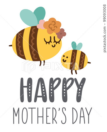 Vector Mothers Day card with cute boho insect. Pre-made design with bumblebee and mother. Bohemian style poster with bee family and flowers on white background. 99093008