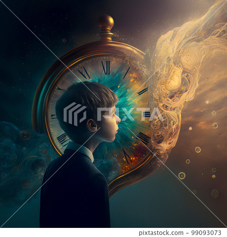 Surreal and Fantasy Concept Little Boy Standing in front of a Dissolving Clock, Fluidity of Time and Imagination in a Fantastical World Surreal and Fantasy Concept Little Boy Standing in front of a Dissolving Clock, Fluidity of Time and Imagination in a Fantastical World 99093073