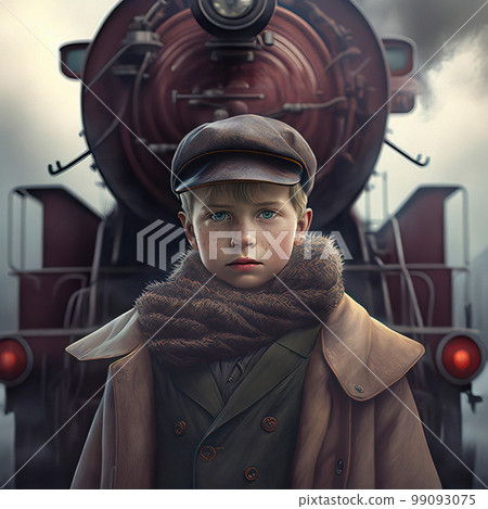 A Young Boy Standing in front of a Train 99093075