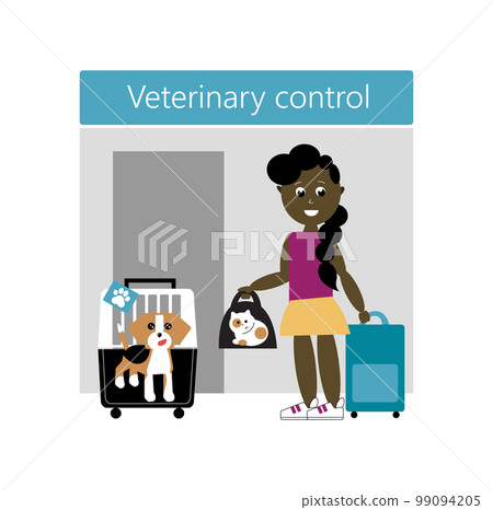 Pets with his owner are waiting the veterinary control at the airport. Bicolore cat in black bag. Tricolour beagle in baggage carrier. 99094205
