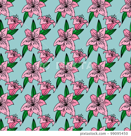 seamless repeating pattern of large pink lily...-插圖素材 [99095450] - PIXTA圖庫