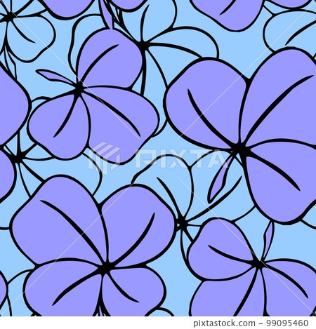 seamless asymmetrical pattern of clover leaves in blue tones and black contouros, design, texture 99095460