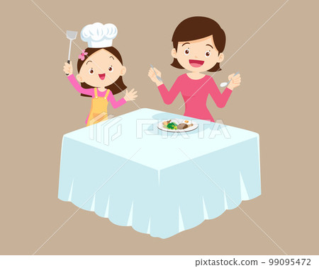 cute little chef kids serving food to table cute little chef kids serving food to table 99095472