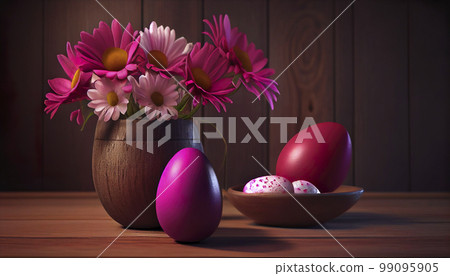 Coloured Easter eggs, a vase of colour on a wooden table, pink and magenta colours, a rustic concept, space for text. Generated AI 99095905