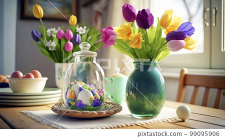 Easter morning, kitchen, table, vases with flowers, tulips glass jar with Easter eggs, space for text. Generated AI Easter morning, kitchen, table, vases with flowers, tulips glass jar with Easter eggs, space for text. Generated AI 99095906