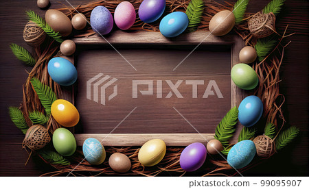 Multi-coloured Easter eggs on dry grass and branches, space for text, generated AI Multi-coloured Easter eggs on dry grass and branches, space for text, generated AI 99095907