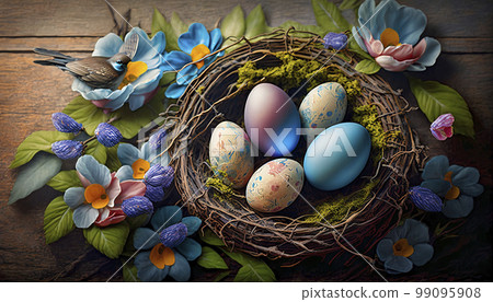 Multi-coloured Easter eggs on dry grass in a wicker basket, space for text. Generated AI. 99095908