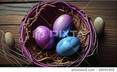 Multi-coloured Easter eggs on dry grass in a wicker basket, space for text. Generated AI. 99095909