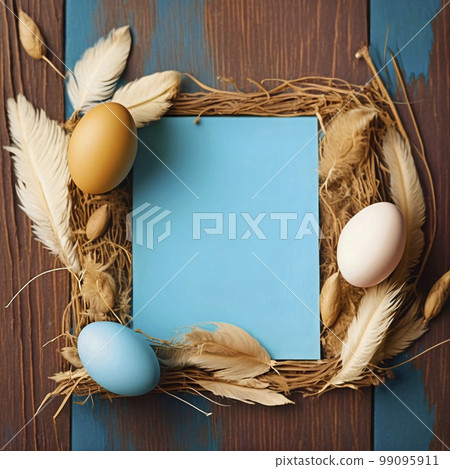 Multi-coloured Easter eggs on dry grass and branches, space for text. Generated AI. 99095911