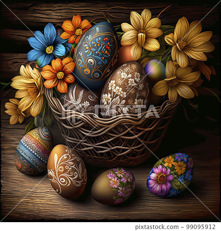 Wicker basket with colorful easter eggs on a wooden background, rustic concept. Generated AI 99095912