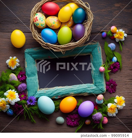 Wicker basket with colorful easter eggs on a wooden background, space for text 99095914
