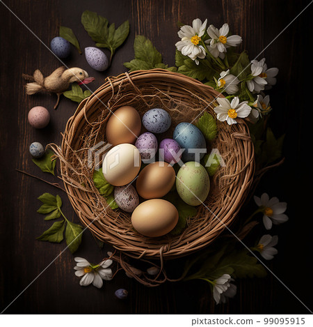 Wicker basket with colorful easter eggs on a wooden background, family rustic concept. Generated AI	 99095915