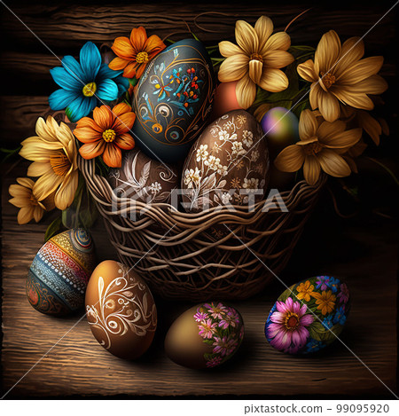 Wicker basket with colorful easter eggs on a wooden background, rustic concept. Generated AI 99095920