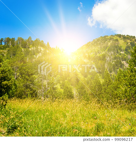 Picturesque mountains and sunrise. 99096217
