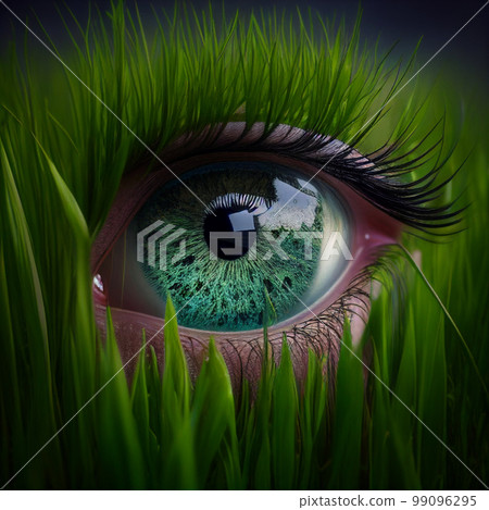 Human eye among green grass, grass on eyelashes. Unusual illustration for design, natural background for bio cosmetics 99096295