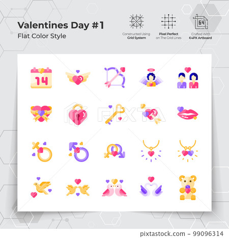 Valentine's day icon set in flat color style with a love and heart theme. A Collection of love and romance vector symbols for Valentine's Day celebration. Valentine's day icon set in flat color style with a love and heart theme. A Collection of love and romance vector symbols for Valentine's Day celebration. 99096314