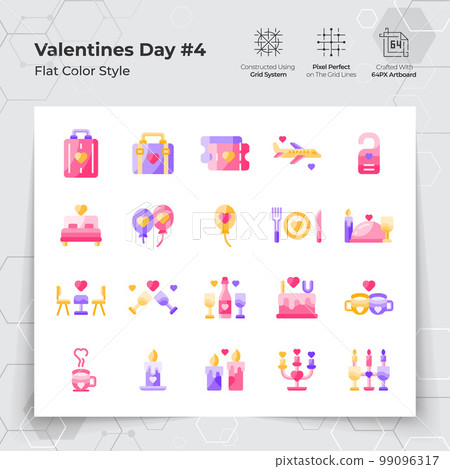 Valentine's day icons set in flat color style with holiday travelling and dinner themed. A Collection of love and romance vector symbols for Valentine's Day celebration. Valentine's day icons set in flat color style with holiday travelling and dinner themed. A Collection of love and romance vector symbols for Valentine's Day celebration. 99096317