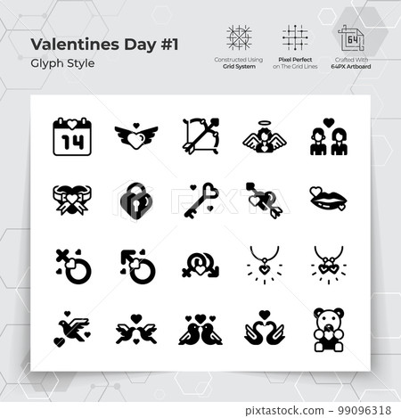 Valentine's day icon set in glyph black fill style with a love and heart theme. A Collection of love and romance vector symbols for Valentine's Day celebration. Valentine's day icon set in glyph black fill style with a love and heart theme. A Collection of love and romance vector symbols for Valentine's Day celebration. 99096318