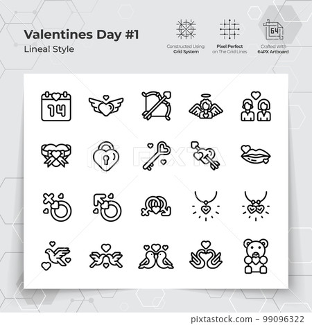 Valentine's day icon set in black line style with a love and heart theme. A Collection of love and romance vector symbols for Valentine's Day celebration. Valentine's day icon set in black line style with a love and heart theme. A Collection of love and romance vector symbols for Valentine's Day celebration. 99096322