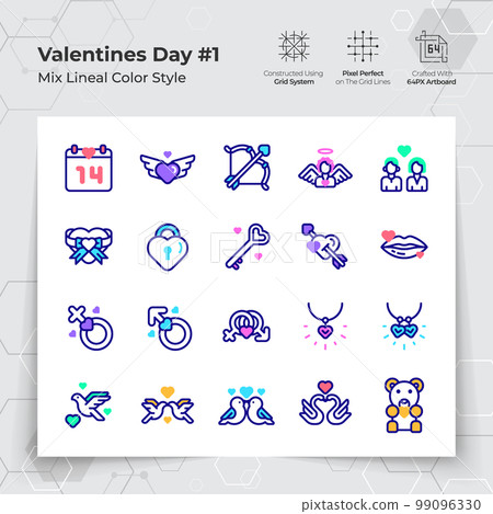 Valentine's day icon set in line color fill style with a love and heart theme. A Collection of love and romance vector symbols for Valentine's Day celebration. Valentine's day icon set in line color fill style with a love and heart theme. A Collection of love and romance vector symbols for Valentine's Day celebration. 99096330