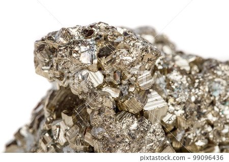 Macro mineral stone Pyrite gold on white background 99096436
