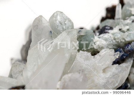 Macro mineral stone Drusus quartz with sphalerite in the rock a white background 99096446