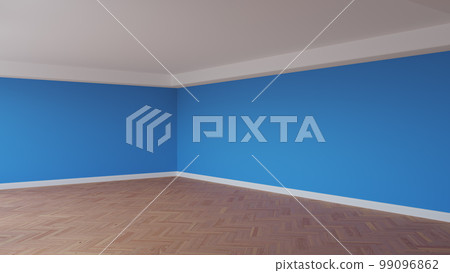 Corner of the Blue Interior with a White Ceiling and Cornice, Glossy Parquet 99096862
