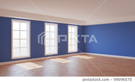 Sunny Interior with Dark Blue Walls, Three Large Windows, White Ceiling and Cornice Sunny Interior with Dark Blue Walls, Three Large Windows, White Ceiling and Cornice 99096870