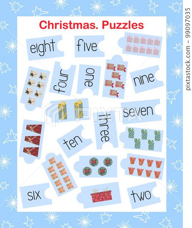 Christmas gifts winter holiday symbol, puzzle print and cut leaning numbers, vector illustration, English language practice and mathematics, educational counting game worksheet, teachers resources Christmas gifts winter holiday symbol, puzzle print and cut leaning numbers, vector illustration, English language practice and mathematics, educational counting game worksheet, teachers resources 99097035
