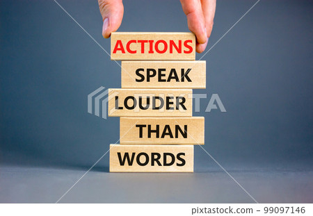Actions speak louder words symbol. Concept words Actions speak louder than words on wooden blocks. Beautiful grey table grey background. Business new mindset for results concept. Copy space. 99097146