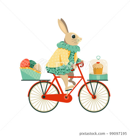 Funny Bunny girl carrying Easter gifts by bicycle Funny Bunny girl carrying Easter gifts by bicycle 99097195