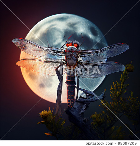 Large fantastic dragonfly with red eyes against background of huge moon, an unusual fairy tale illustration, magical background Large fantastic dragonfly with red eyes against background of huge moon, an unusual fairy tale illustration, magical background 99097209