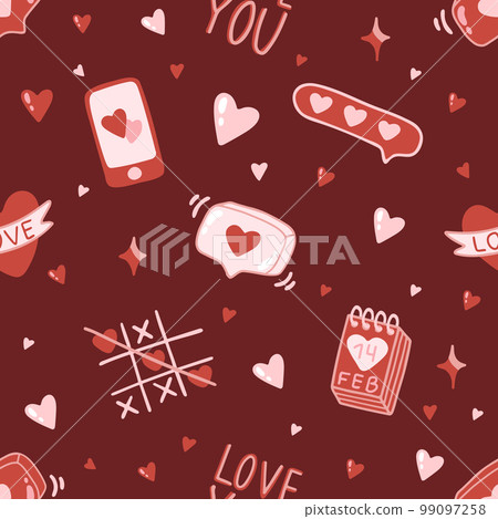 Valentine s day. love concept cute vector illustration seamless pattern with hearts, love, flowers, envelope, arrows, cup of coffee and cupcakes. 99097258